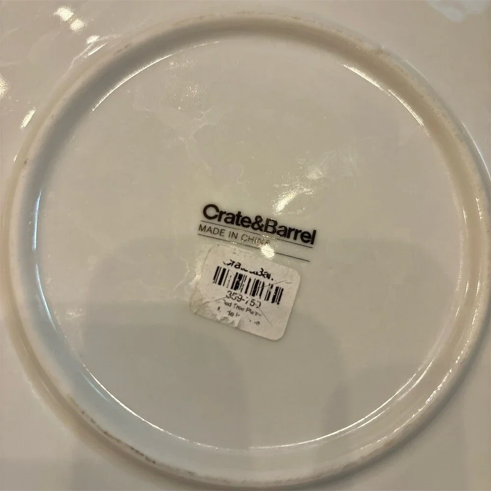 Crate & Barrel Red Tree Holiday Round Platter Chop Plate Gray 13.5in